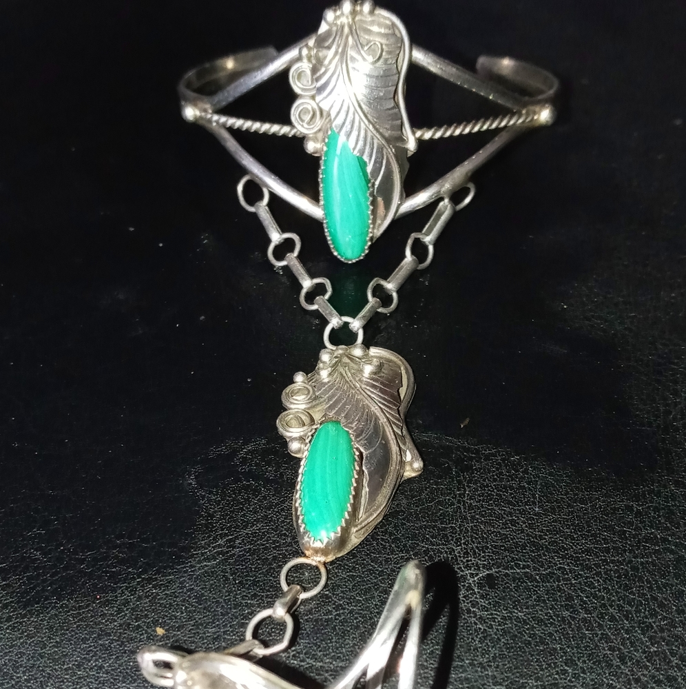 Vintag H Yazzie Sterling Malachite Bracelet w Ring